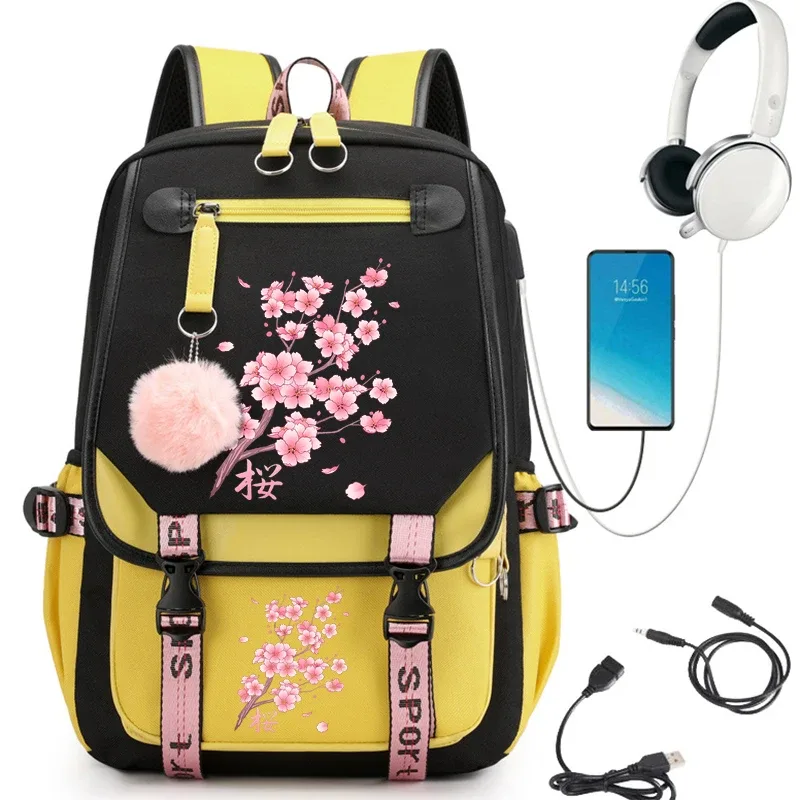 sac à dos d'école kawaii pour filles, sac à livres mignon, sakura tombant, aucune fleur, adolescentes, étudiant, sac de voyage lancé