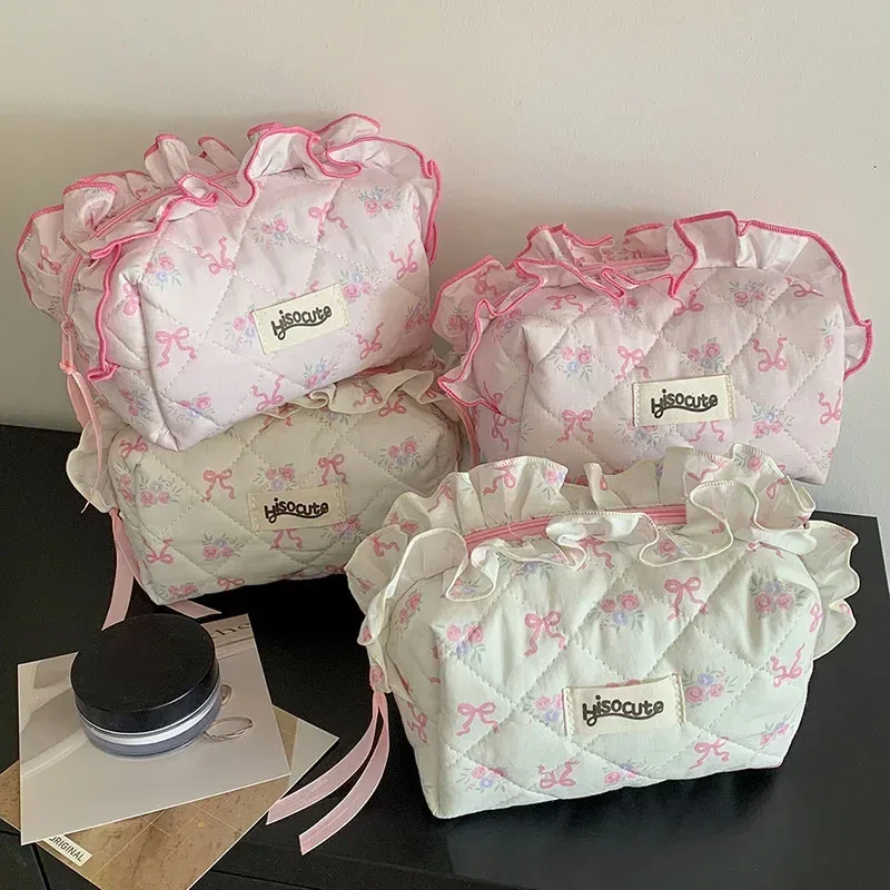 sacs à cosmétiques coréens avec nœud papillon et dentelle pour femmes, sac de maquillage doux à main, sacs de rangement d'articles de maquillage de voyage pour filles, mode