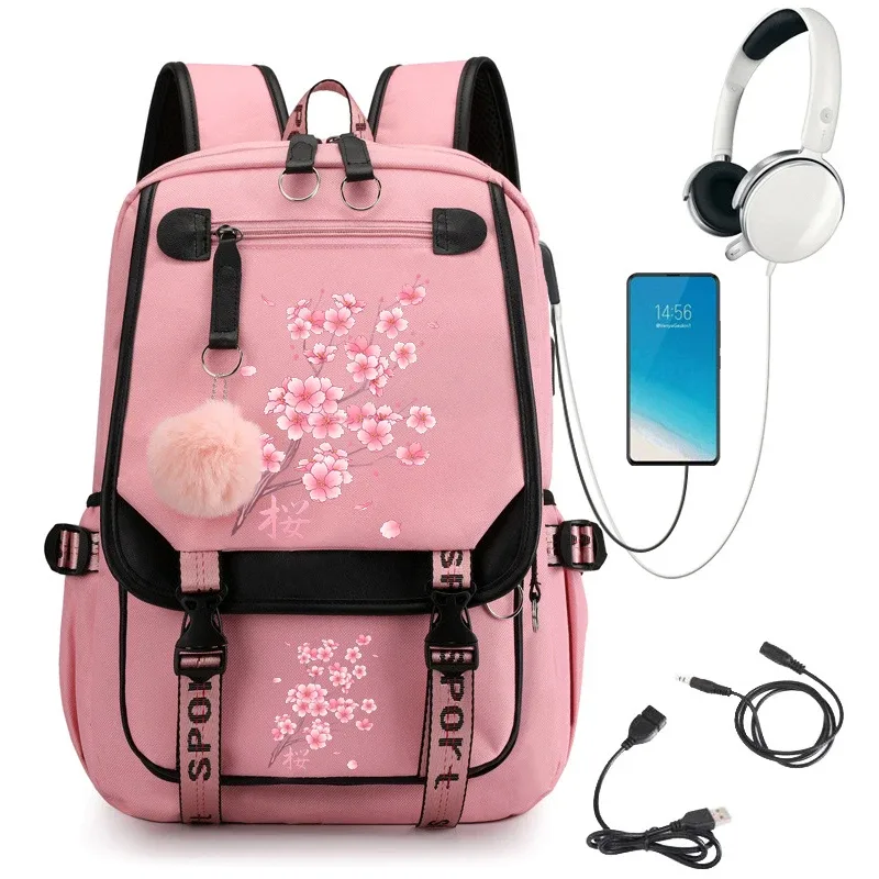 sac à dos d'école kawaii pour filles, sac à livres mignon, sakura tombant, aucune fleur, adolescentes, étudiant, sac de voyage lancé