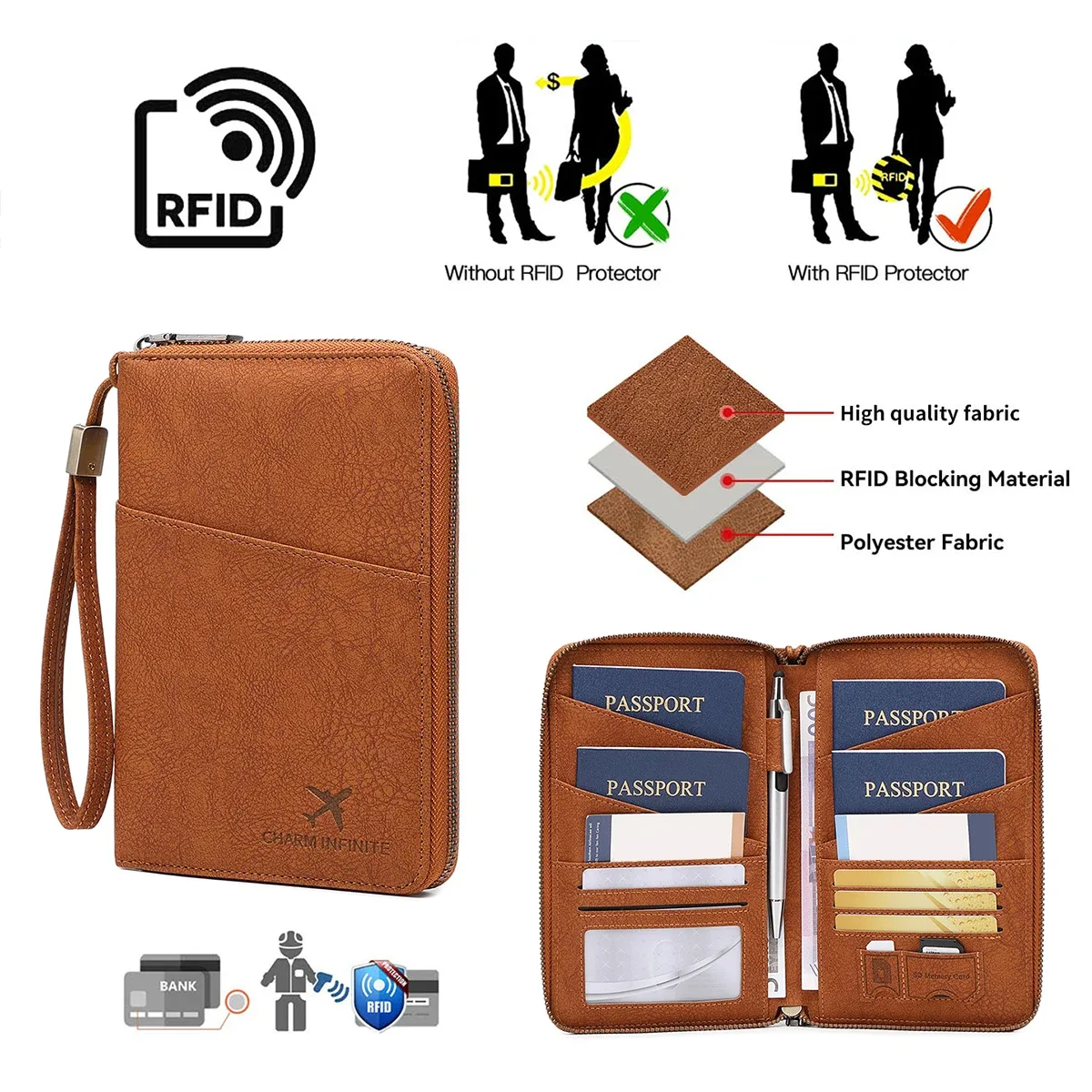 sac de passeport multifonctionnel bloquant rfid, porte-documents de voyage avec portefeuille de rangement de billets à longue fermeture éclair pour plusieurs passeports