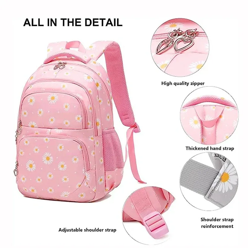 sac à dos d'école à motif marguerite, trousse à crayons, sac à main, ensemble de trois pièces, tissu en nylon imperméable, sac à dos tendance pour garçons, filles et adolescents
