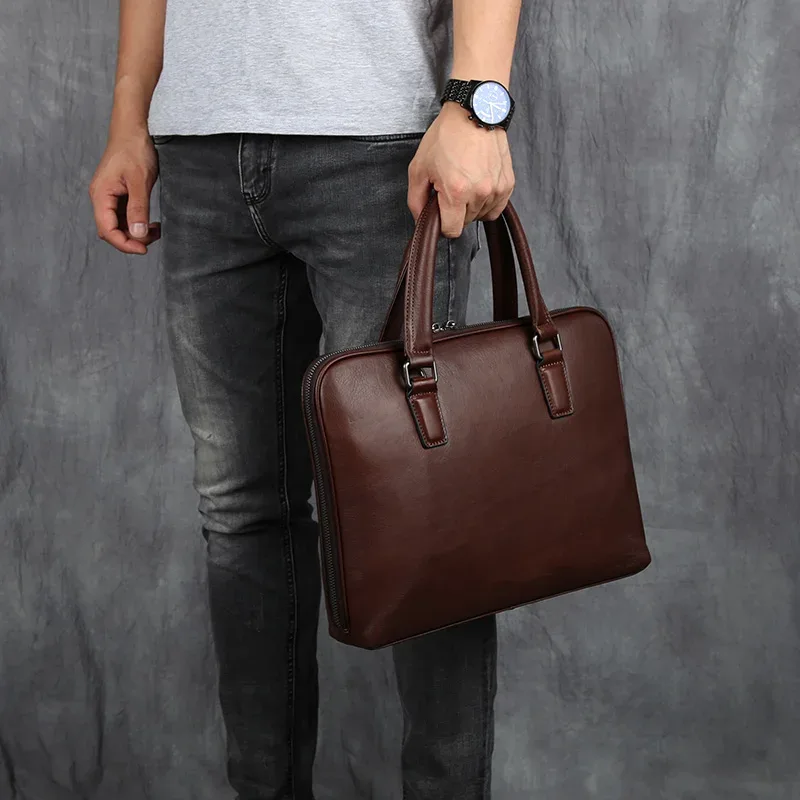 porte-documents vintage en cuir de vache pour hommes, sac à main décontracté, sacoche à bandoulière marron pour ordinateur portable de 14 pouces, nzpj
