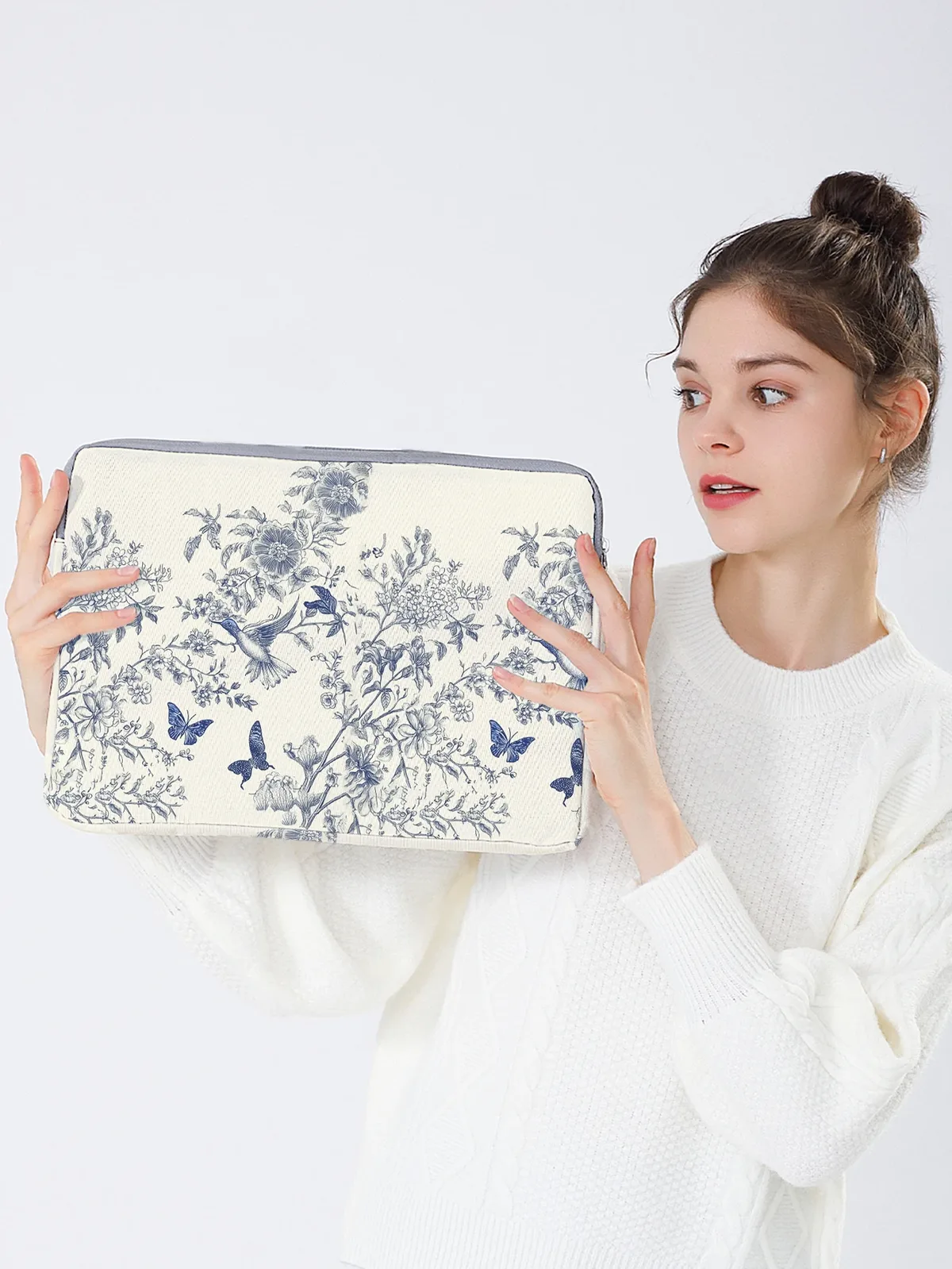sac à main pour ordinateur portable avec imprimé floral bleu, oiseau et papillon, pour ordinateur portable de 14 pouces