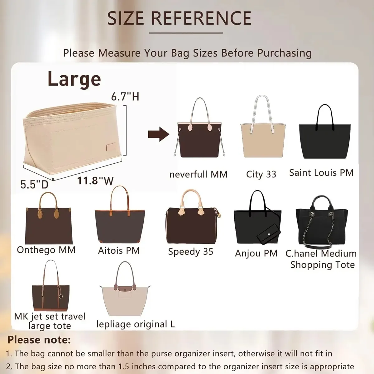 ensemble de 2 organiseurs de sac à main en feutre pour sacs à main, organiseur de sac pour sac fourre-tout lv neverfull, ensemble deux pièces