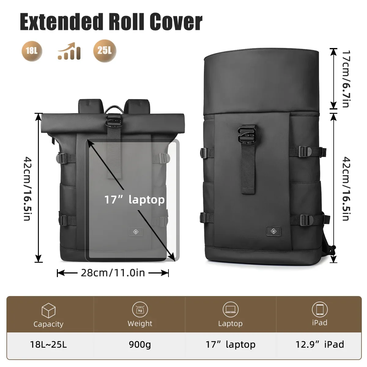 hk – sac à dos de voyage extensible pour hommes, grande capacité, sac à dos de randonnée étanche, sac à dos pour ordinateur portable de 17 pouces, sac d'école pour hommes