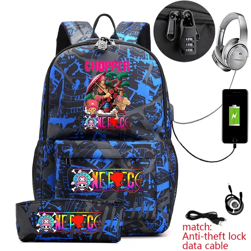 sac à dos antivol pour étudiants avec imprimé tony chopper, avec trousse à crayons, sac à dos décontracté pour garçons, filles et adolescents