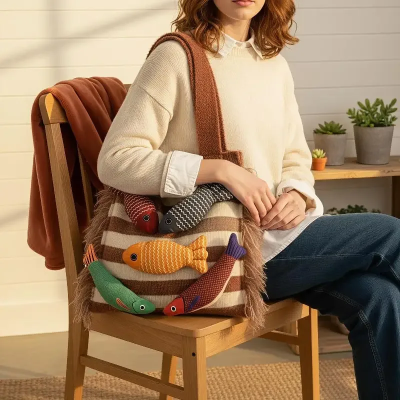 sac fourre-tout tricoté décontracté motif petit poisson mignon, nouveauté été, sac à bandoulière polyvalent pour trajets quotidiens, avec découpes contrastées