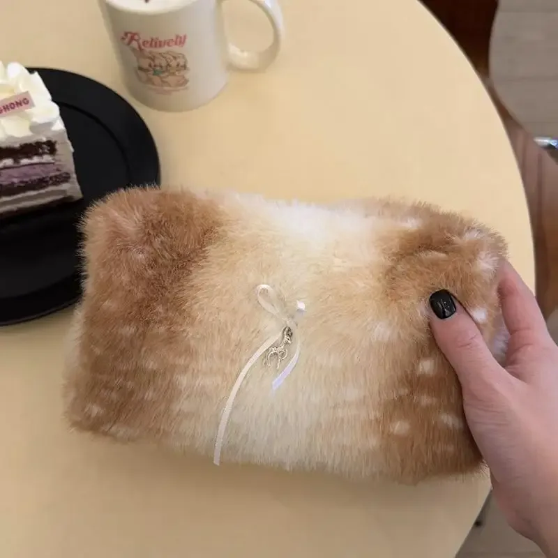sac de rangement cosmétique en peluche douce à imprimé cerf, grande capacité, portable, pour voyage, soins de la peau, trousse de toilette, cadeau de vacances pour femmes