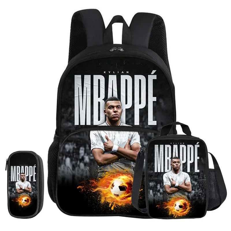 ensemble de 3 pièces m-mbappe avec sac à dos à poche avant, sac isotherme pour le déjeuner, trousse à crayons de star de football, cadeau pour enfants