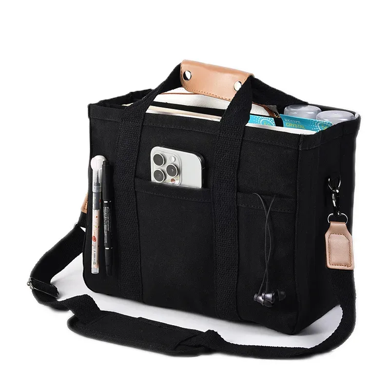 sac fourre-tout en toile de grande capacité avec plusieurs poches, bandoulière amovible pour le travail, l'école et les voyages