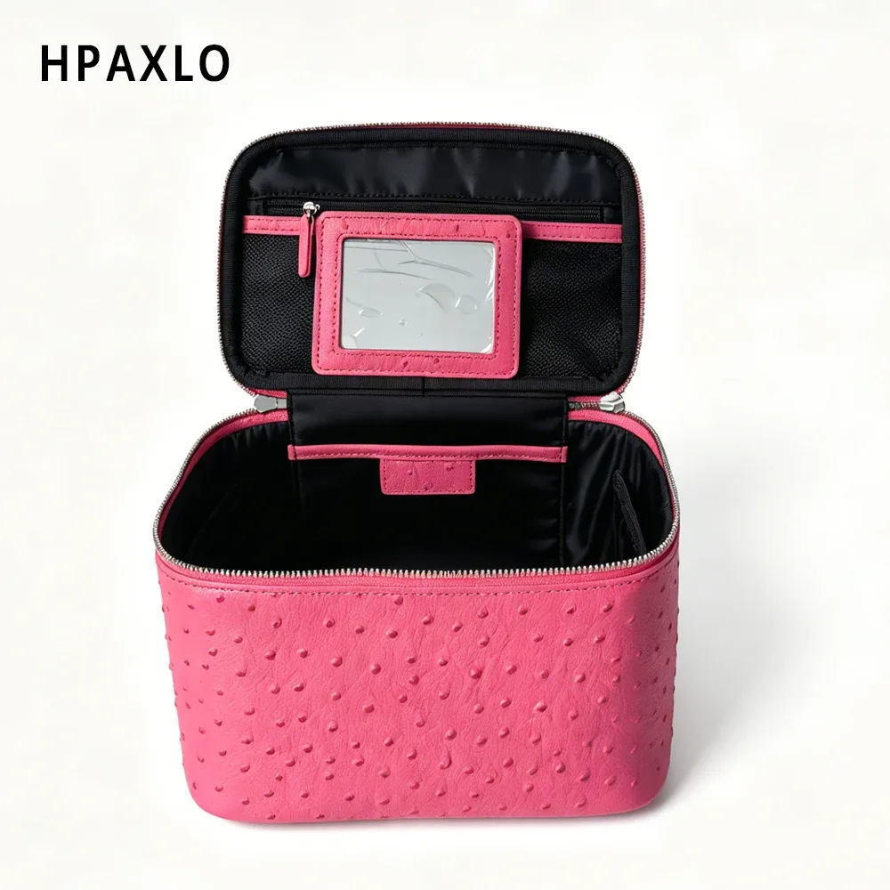 sac de toilette pour femme en cuir véritable à motif d'autruche, sac de voyage carré tendance, organiseur de cosmétiques, grand sac à cosmétiques, sac à main, neuf