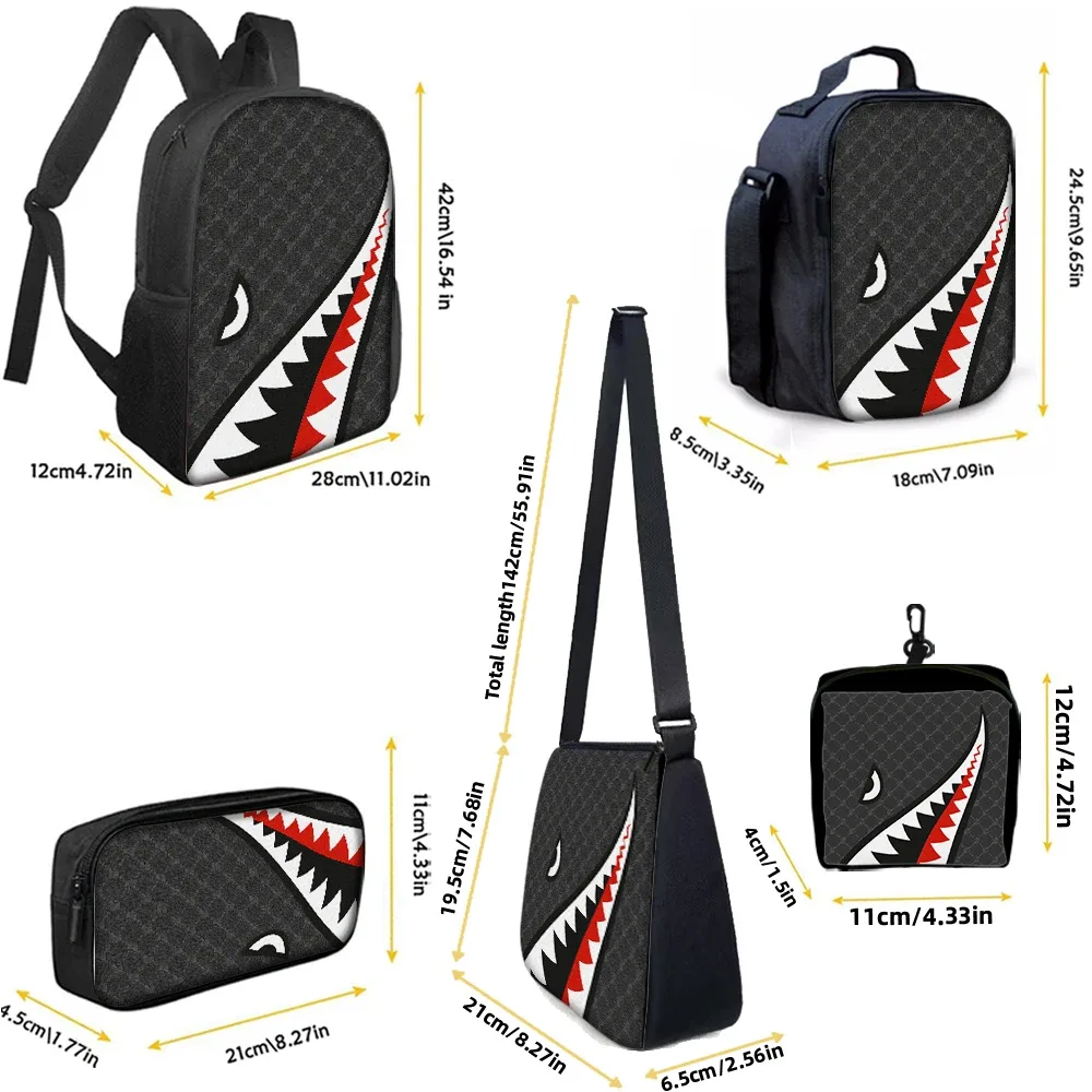 Ensemble de sacs à dos tendance avec motif requin, 1/2/3/4/5 pièces | Parfait pour l'école et les aventures quotidiennes