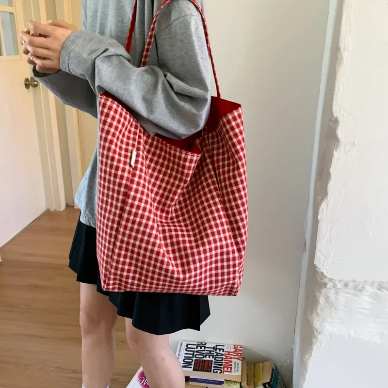sac en toile à carreaux double face, multicolore, grande capacité, sac fourre-tout à bandoulière pour femmes, sac de shopping