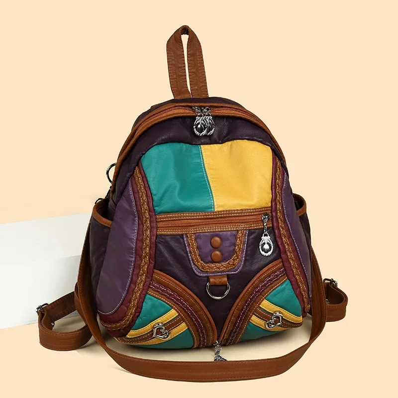 Mode épissage lavage cuir sacs à dos femme luxe sac à dos pour femmes grande capacité école sac de voyage dames sacs à bandoulière
