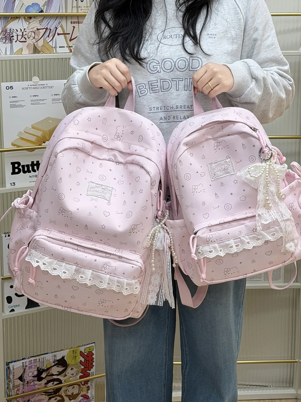 sacs à dos en dentelle pour femmes, 2 tailles, avec pendentifs perlés, sacs d'école imprimés de dessins animés mignons, mini sac à dos de voyage pour dames