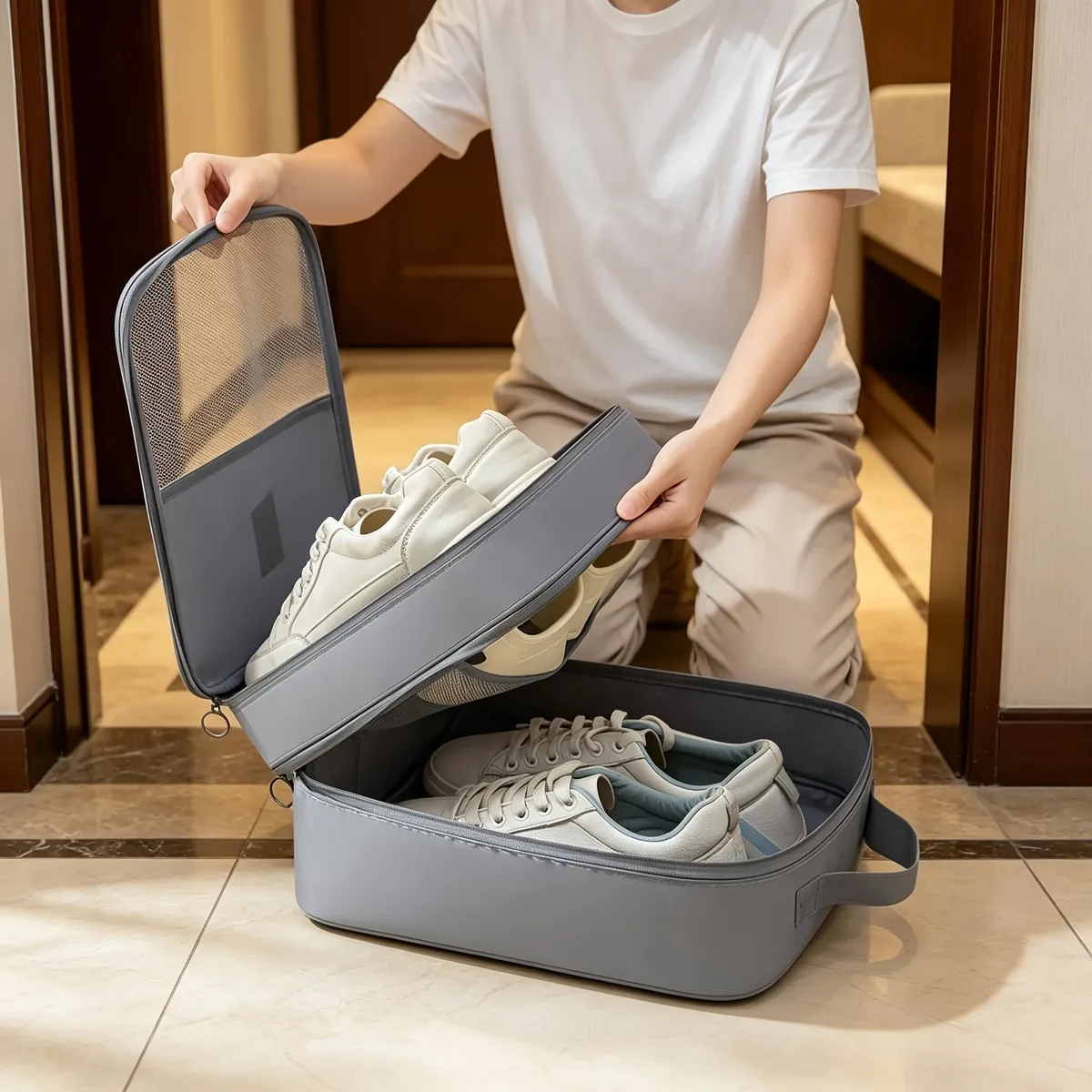 Sac de rangement pour chaussures de voyage, sac de rangement en maille respirante diagonale lavée, pour plusieurs paires de chaussures, boîte à chaussures portable pour les voyages d'affaires