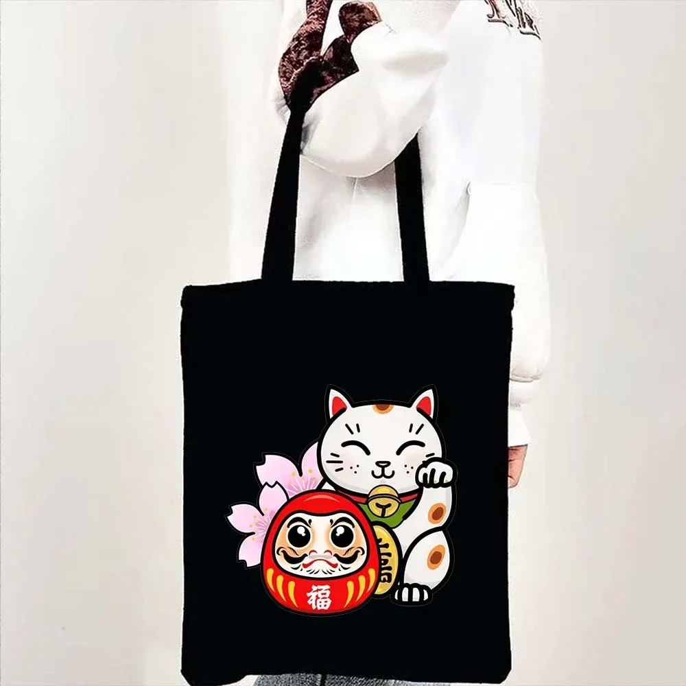 sac fourre-tout en toile à bandoulière pour le shopping, motif maneki neko, chat porte-bonheur japonais mignon, style mont fuji, style japonais, geisha de kyoto, tokyo japon