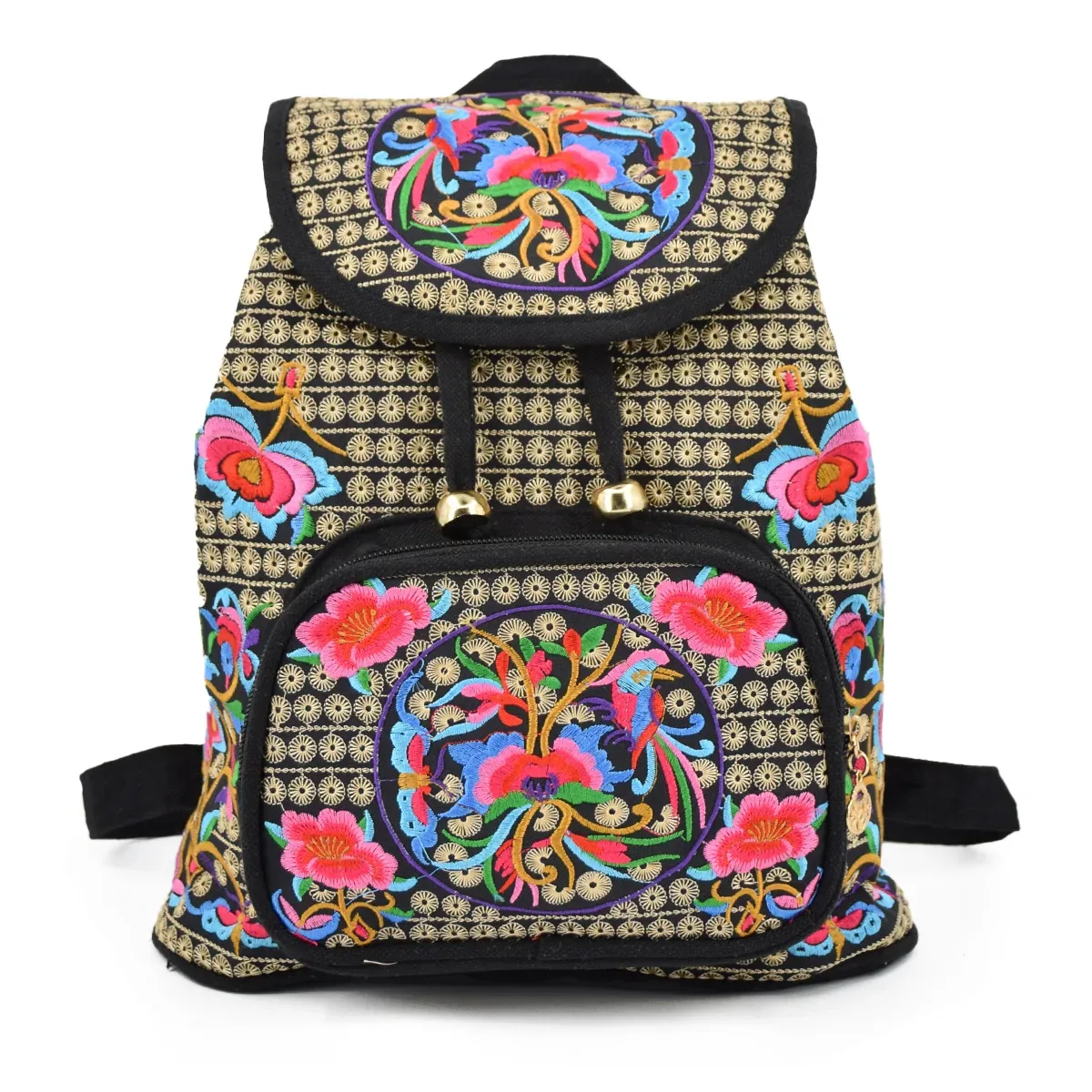 sac à dos vintage en toile brodée florale, sac à dos ethnique décontracté pour filles avec plusieurs poches, cartable à rabat, sac de voyage pour dames