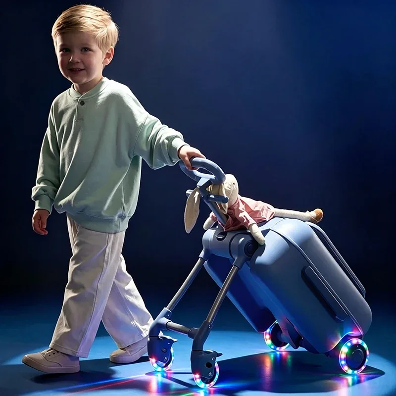 valise de voyage pour enfants avec roues lumineuses, bagage à main 4-en-1, sac à roulettes pour garçons et filles, sur lequel ils peuvent s'asseoir et rouler