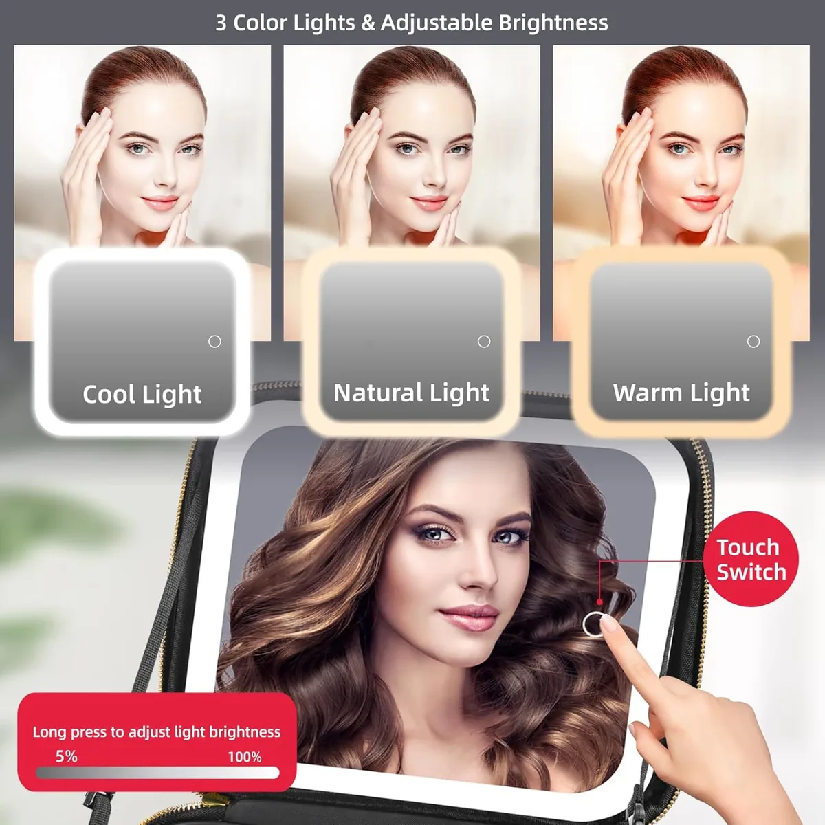 trousse de maquillage de voyage avec miroir d'une mallette de train portable éclairée par led avec séparateurs réglables et miroir grossissant détachable 10x