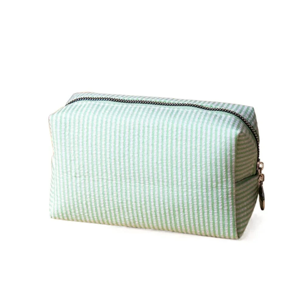 sac de maquillage rayé mignon, fermeture à glissière, pochette de toilette en tissu seersucker souple, trousse à crayons polyvalente de grande capacité, usage quotidien