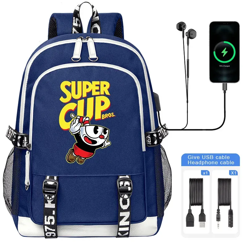 cuphead mugman sacs d'école pour adolescent usb charge sac à dos pour ordinateur portable garçons filles étudiant livre sac mochila sac de voyage