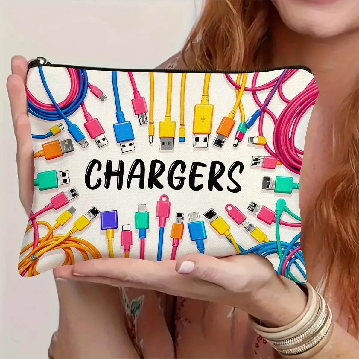 sac de rangement pour câbles et câbles colorés vibrants et usb, pochette durable à fermeture éclair, étui pour accessoires électroniques unisexe avec pochette imprimée "chargers"