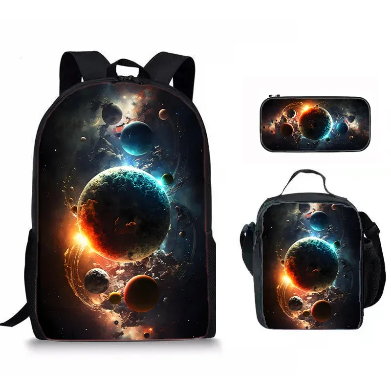 sacs de voyage pour étudiants, sac à dos pour ordinateur portable, sac à déjeuner, trousse à crayons, imprimé 3d hip hop youthful novelty space planet, 3 pièces/ensemble