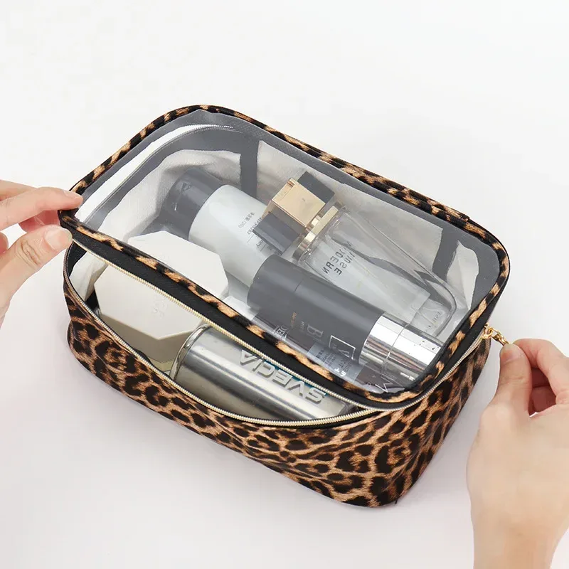 organisateur de cosmétiques de voyage étanche de grande capacité avec fermeture éclair, trousse de maquillage cosmétique léopard, trousse de maquillage transparente imprimée léopard 2025