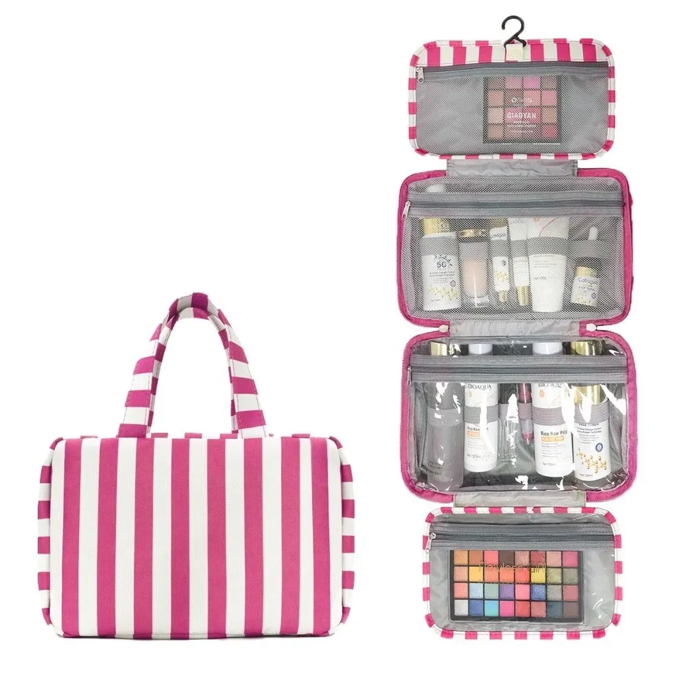 sac de toilette de voyage portable à suspendre, organisateur de cosmétiques à 4 compartiments rayés avec crochet, sac de cosmétiques de grande capacité pour voyage