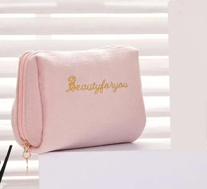 trousse de maquillage en velours avec fermeture éclair pour femme, trousses de toilette, broderie de lettres, poudres cosmétiques, monochromatique, femme