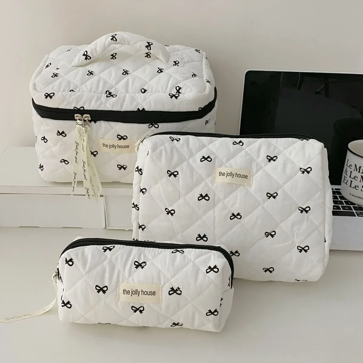 mode cerise fourre-tout femmes sac de maquillage portable mignon dames cosmétique toilette pochette de rangement sac à main coton matelassé sac à fermeture éclair