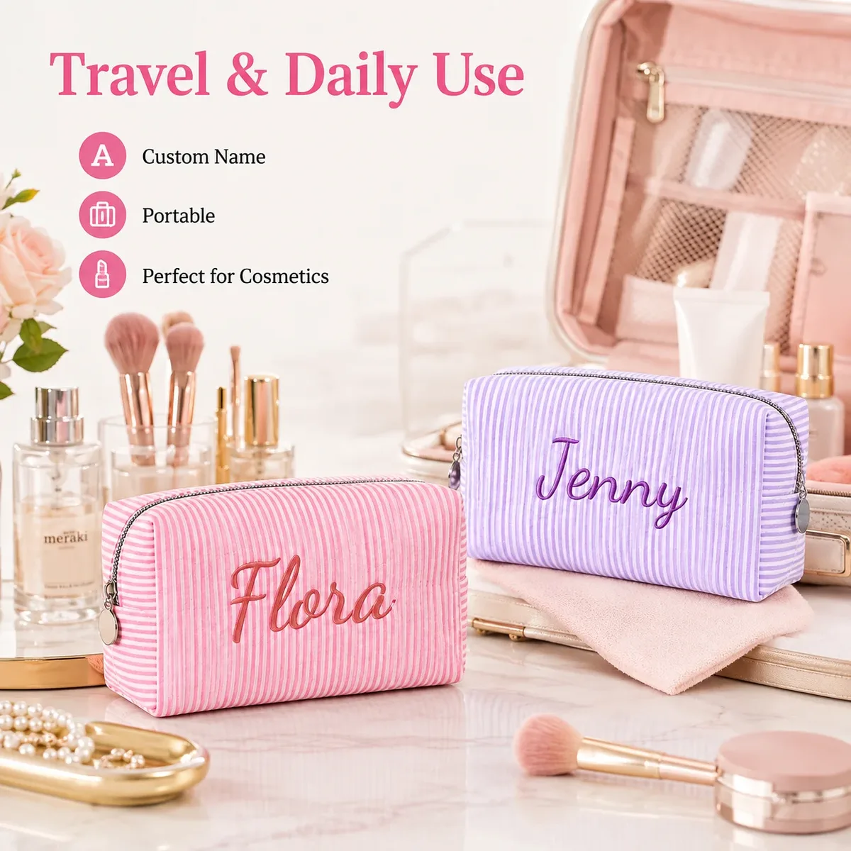 trousse de maquillage personnalisée avec nom pour femmes, pochette cosmétique rayée avec fermeture éclair, sac de rangement personnalisé pour articles de toilette de voyage