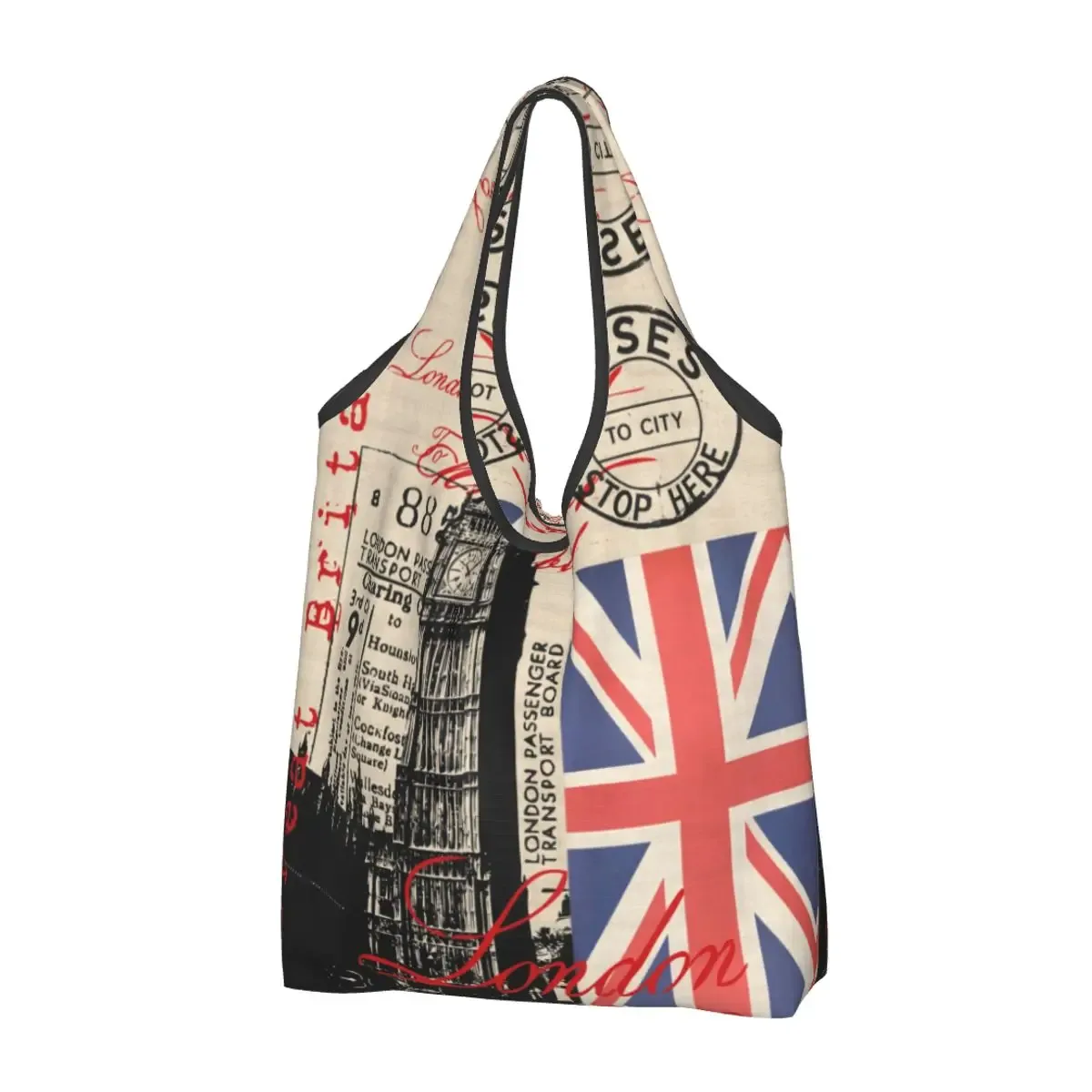 sac fourre-tout portable britannique sensation red bus, btfashion, vintage, royaume-uni, londres, symdockers shopping, épicerie, sac initié