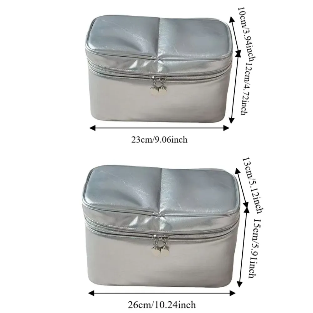 sac de maquillage en cuir pu argenté multifonctionnel grande capacité pochette de rangement cosmétique avec poignée amovible