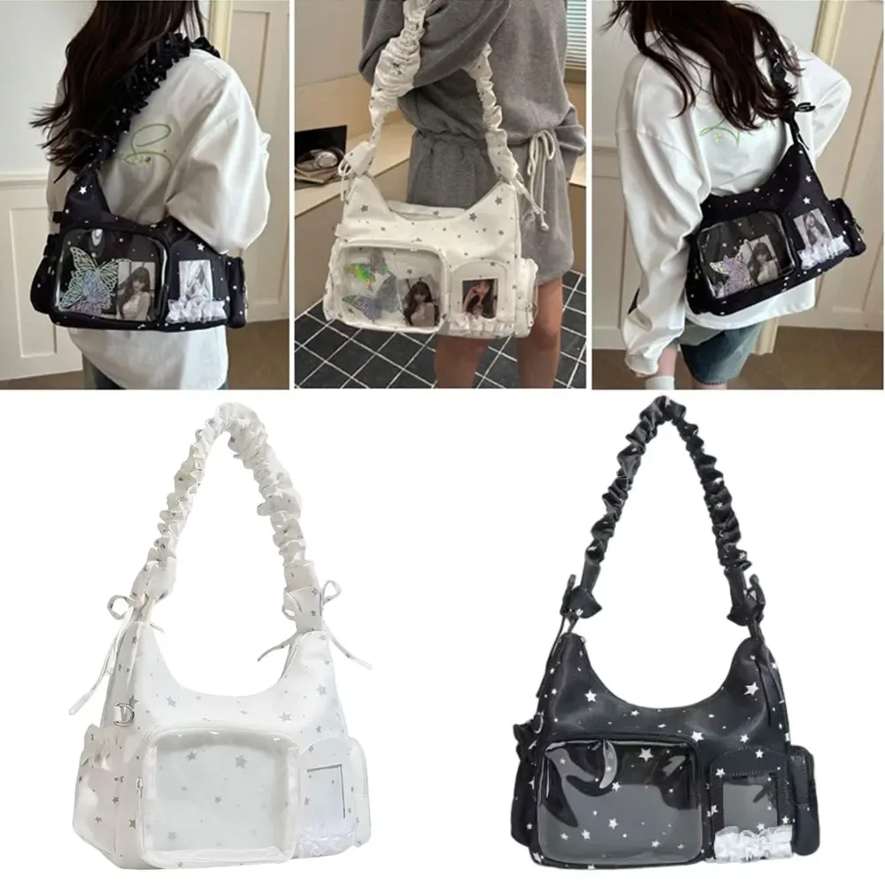 sac à bandoulière transparent à motif étoile avec volants, pochette ita, sac hobo, sac de collection pour fans, sac à main avec fenêtre transparente pour cartes photo