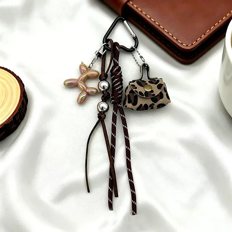 porte-clés tendance imprimé léopard, pendentif de sac, accessoires pour sac à main et sac à dos, décor en corde tressée maillard
