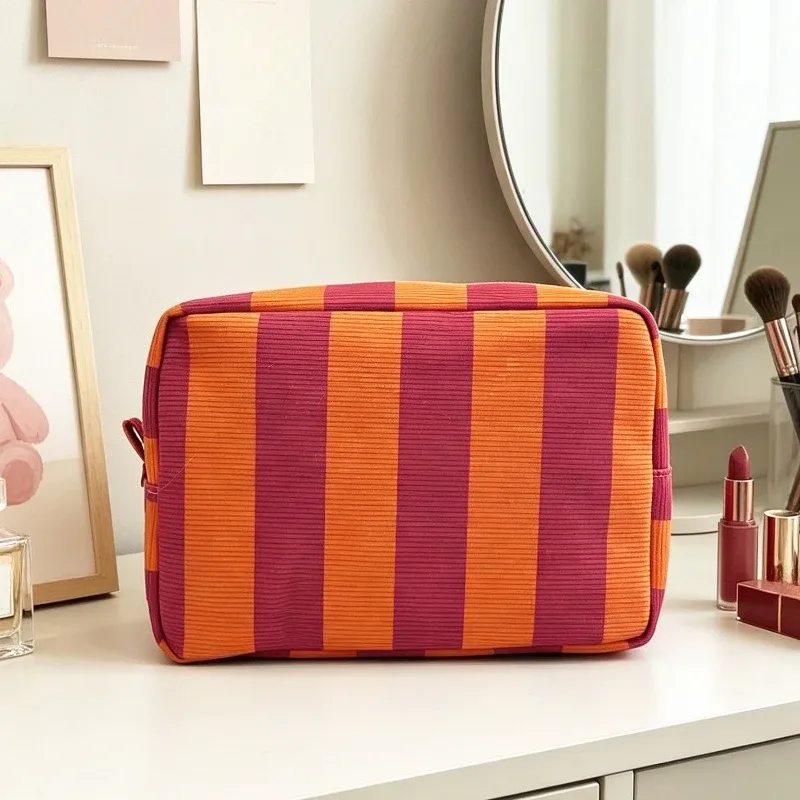 sac de maquillage rayé en forme de boîte pour femmes, sac à cosmétiques portable avec fermeture éclair, organisateur de voyage, pochette de rangement pour articles de toilette féminins