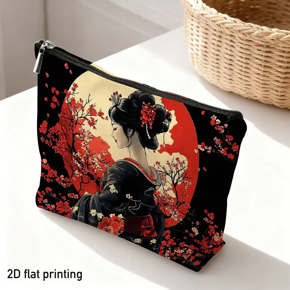 1 pièce trousse de maquillage style japonais geisha motif fleurs de cerisier, élégante, imprimé floral lune rouge, pour voyage, articles de toilette, rangement quotidien de produits de beauté, cadeau