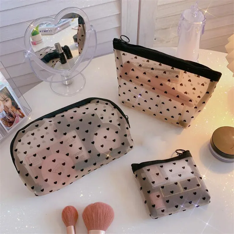 sacs de rangement en maille transparente en forme de cœur pour femmes, sac à cosmétiques nécessaire, organisateur de voyage, petits et grands sacs de toilette noirs, pochette de maquillage