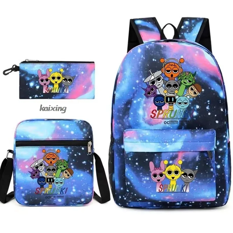 ensemble de 3 sacs à dos sprunki à imprimé anime, avec sac fourre-tout et pochette, grande capacité, léger et respirant, sac à dos décontracté tendance