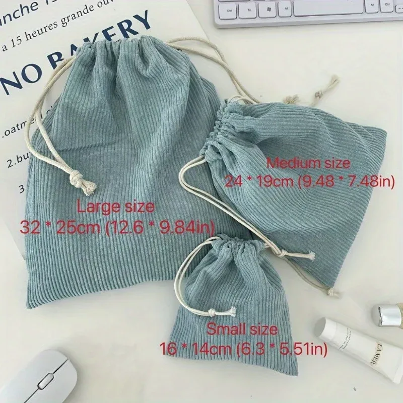 ensemble de sacs de rangement à cordon de serrage en velours côtelé – pochettes de maquillage portables légères de couleur unie avec grand, moyen
