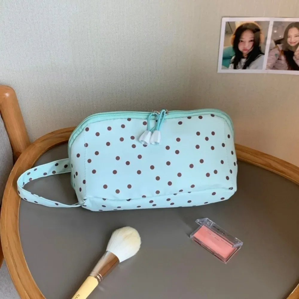 trousse de maquillage portable à pois, sac cosmétique brodé avec nœud, pochette de rangement, trousse de toilette à pois pour voyage