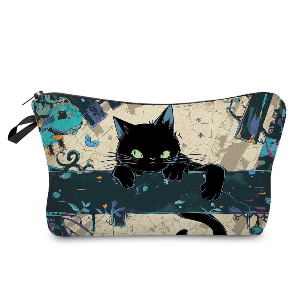 sacs de maquillage college chat noir pour femmes, sacs de rangement portables de voyage, impression d'animaux kawaii décontractés, sacs à cosmétiques double face avec fermeture éclair