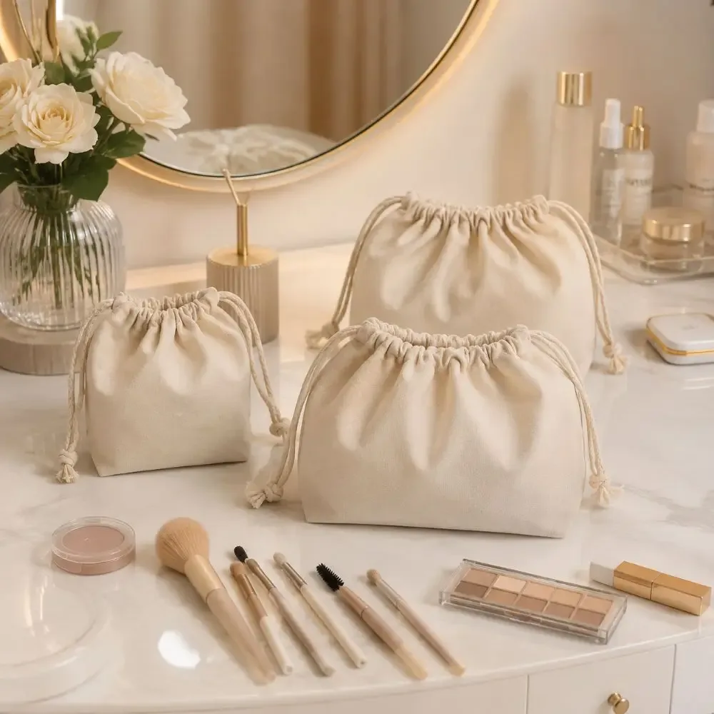 Sacs cosmétiques portables en toile avec cordon de serrage, pochettes de maquillage souples réutilisables, sacs de rangement de voyage pour femmes