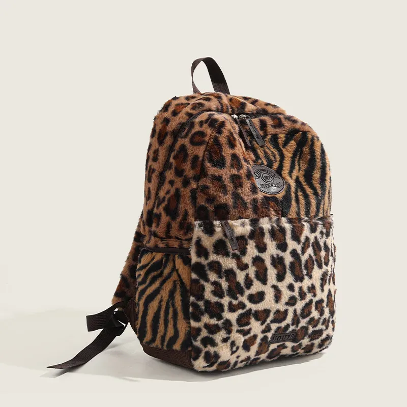 sac à dos imprimé léopard mode avion cabine sac à dos grande capacité sac d'école polyvalent en peluche sacs souples mochilas mujer 2025