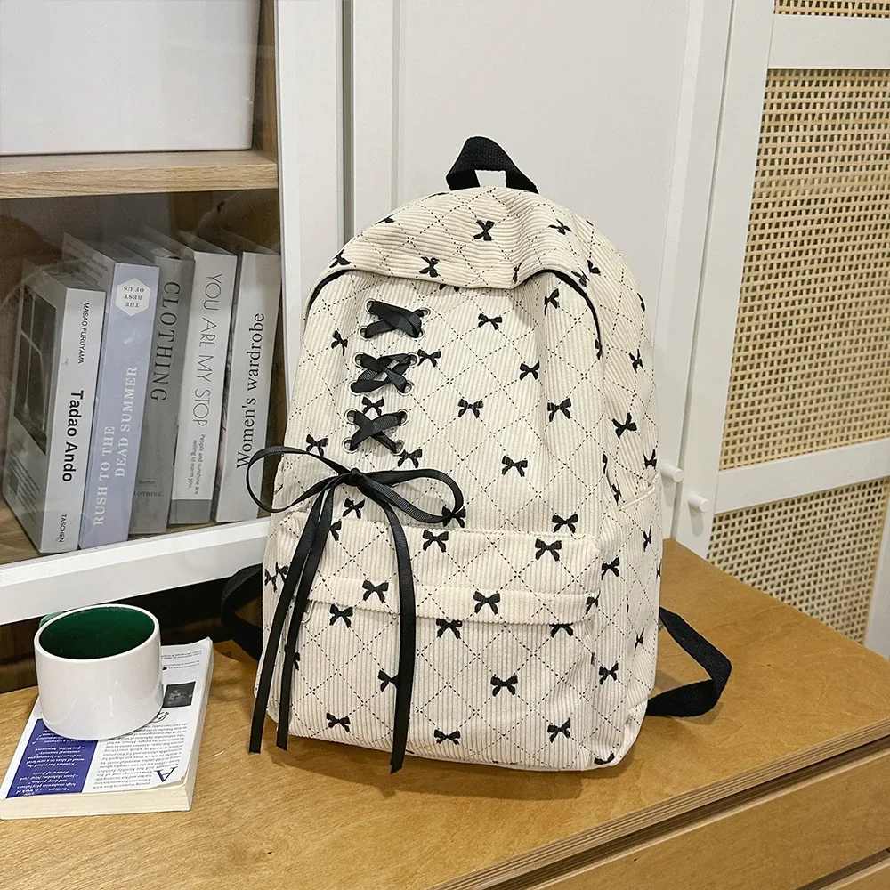 sac à dos de loisirs en velours côtelé avec nœud, grande capacité, style universitaire, pour le printemps et l'été, idéal pour les trajets quotidiens