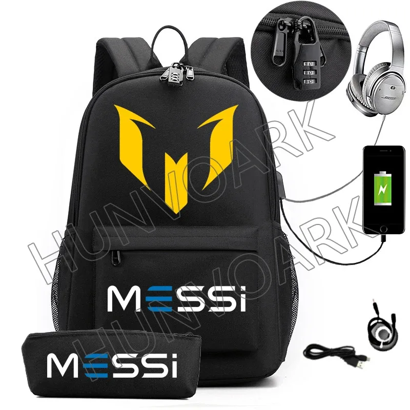 2 pièces messi sac à dos an-ti lock usb femmes hommes capacité adolescents sacs d'école pour ordinateur portable décontracté lycéens mochilas