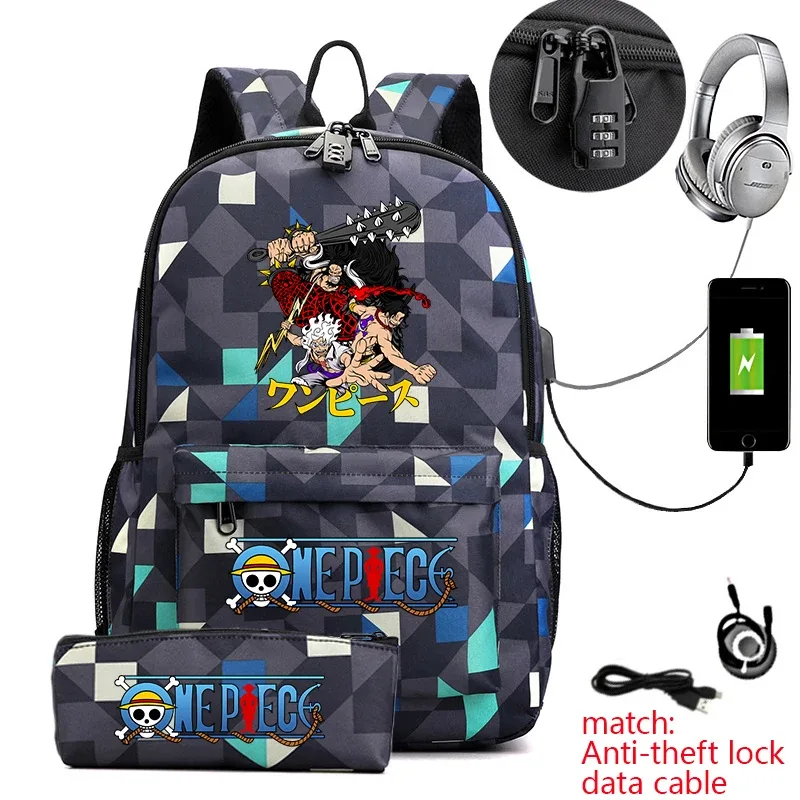 sac à dos d'étudiant imprimé one piece luffy, sac d'école décontracté antivol avec trousse à crayons pour garçons et filles