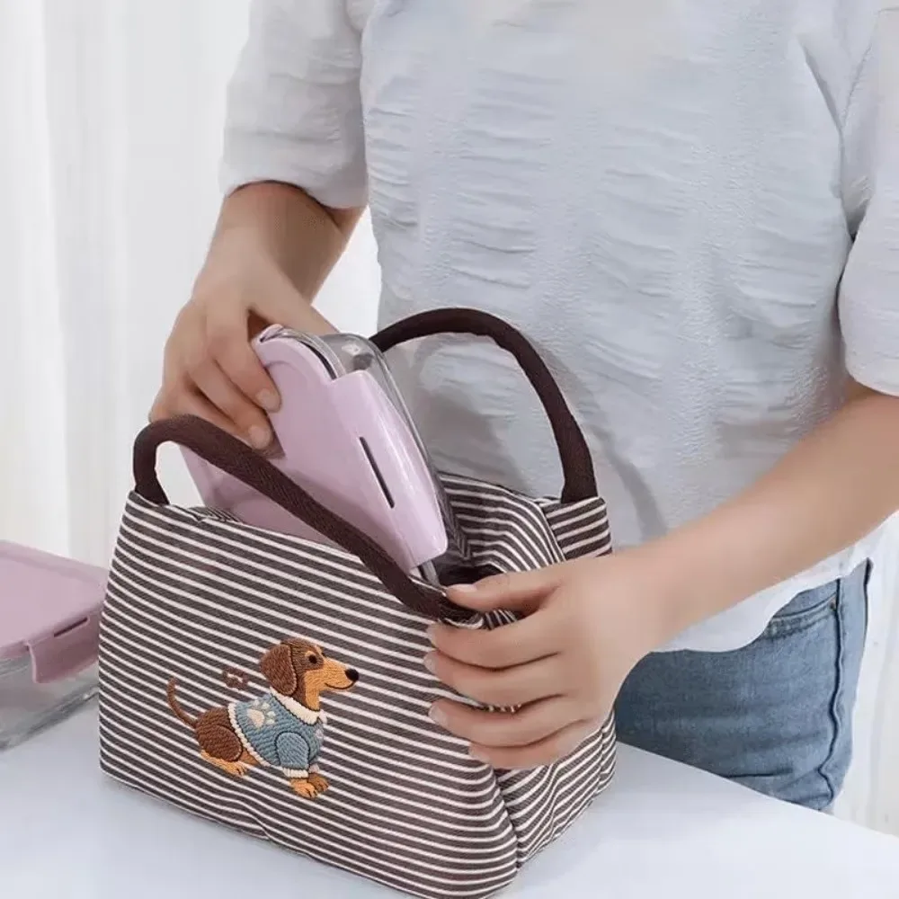Sac Isotherme à Déjeuner Exquis avec Broderie de Chiot, Sac Fourre-Tout Isolé à Rayures, Sac Portable pour Aliments, Idéal pour l'École
